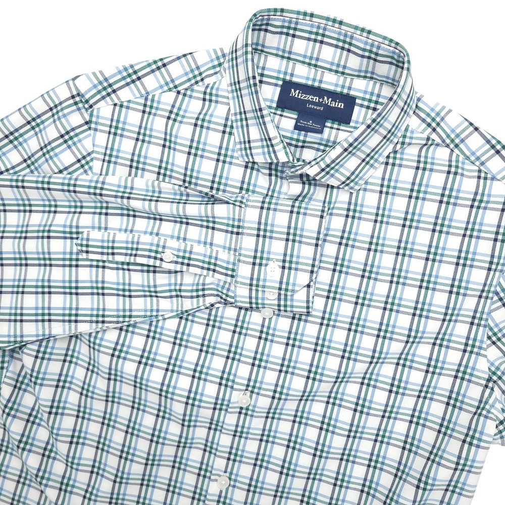 Mizzen+Main Leeward Dress Shirt Mens S Green Plaid Slim Fit Performance Stretch‎
